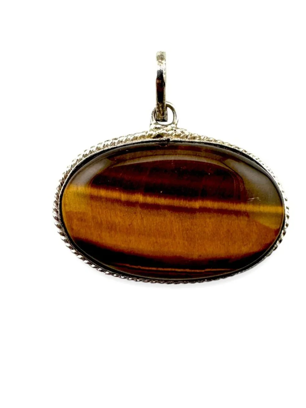 Large Tiger’s Eye Pendant East West Cabochon Vintage Silver Artisan